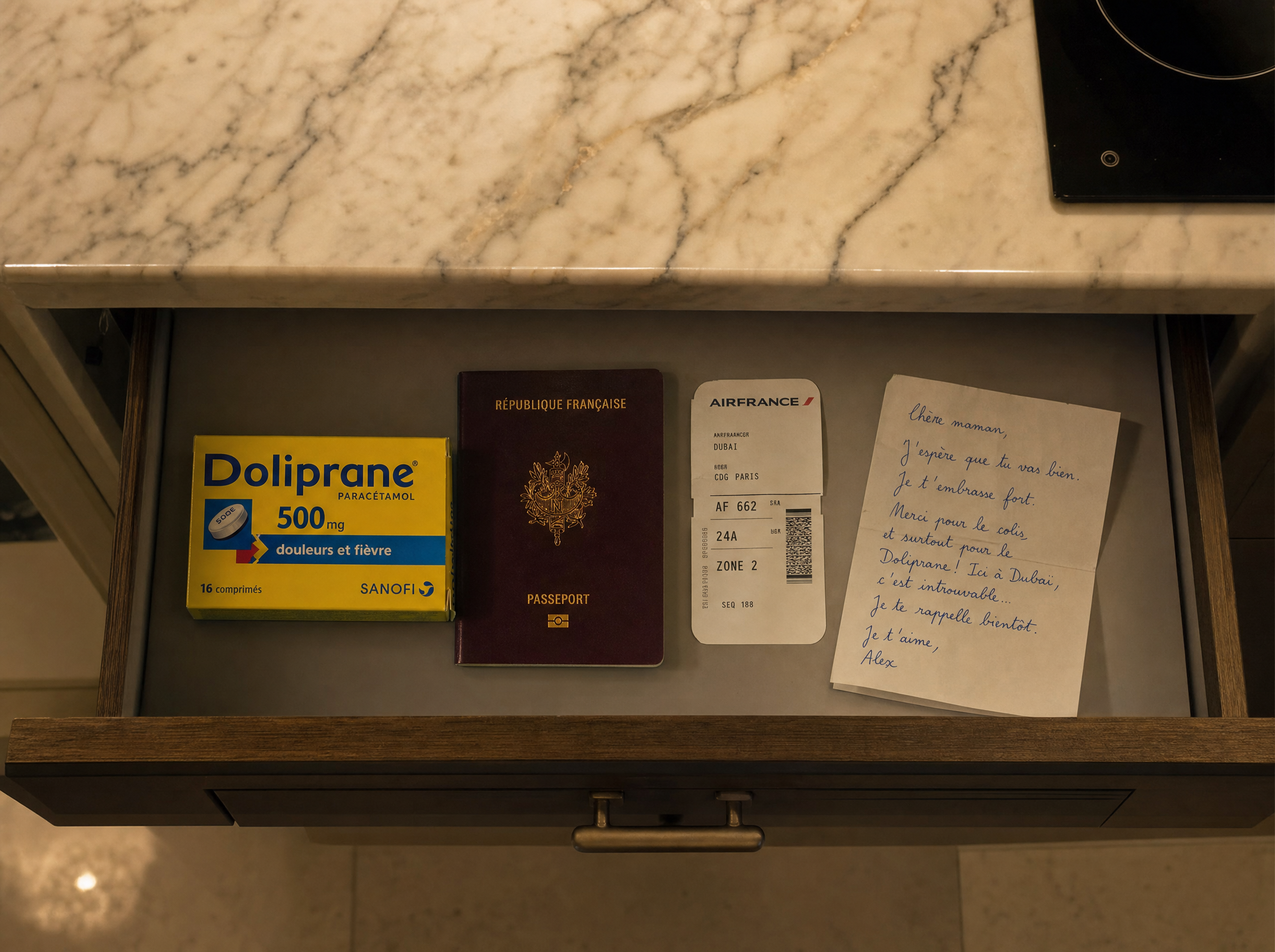 A Dubai apartment drawer holding a Doliprane box next to a French passport and an Air France boarding pass stub
