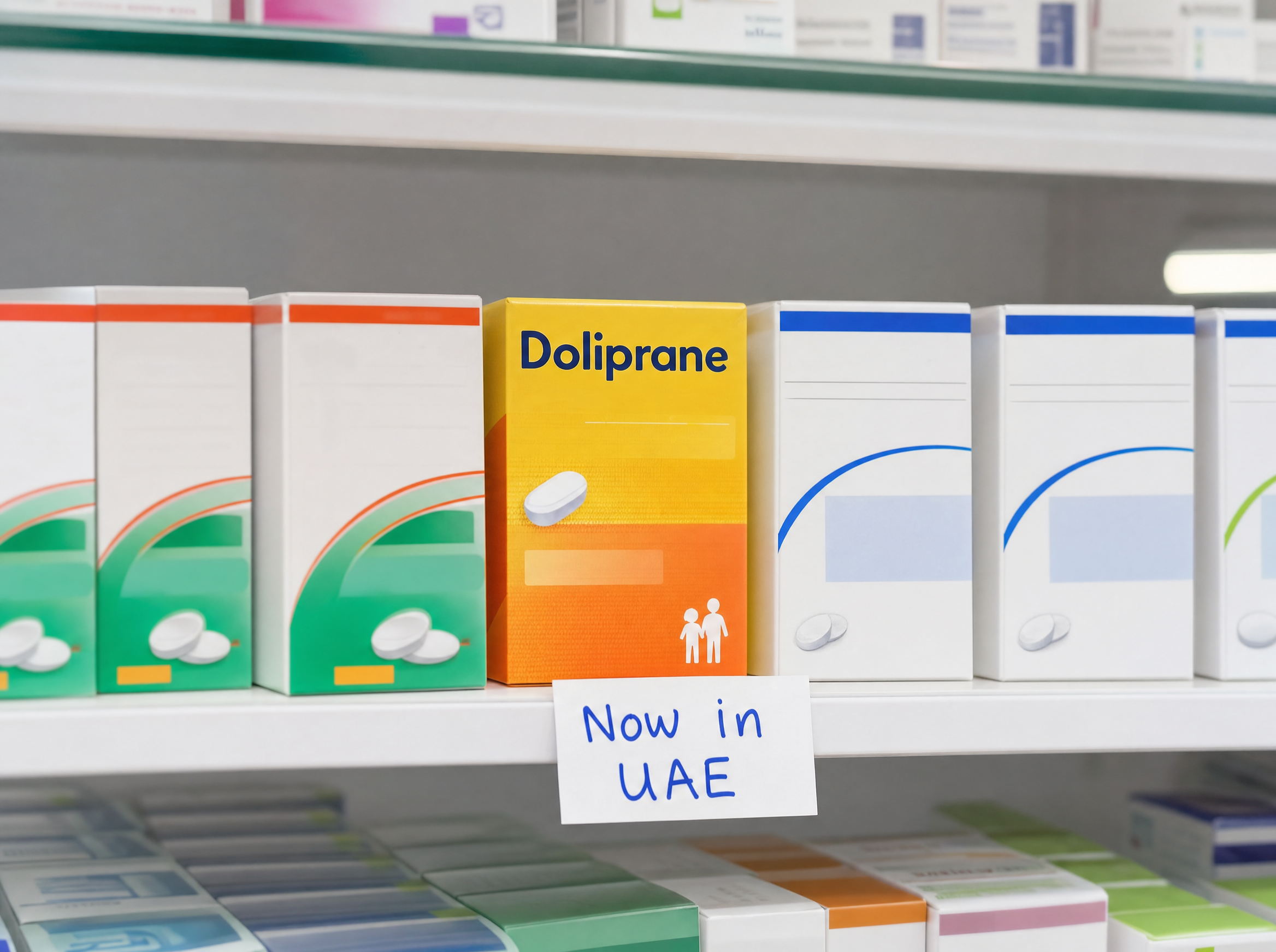 A row of OTC paracetamol on a UAE pharmacy shelf with one Doliprane box placed between local generics