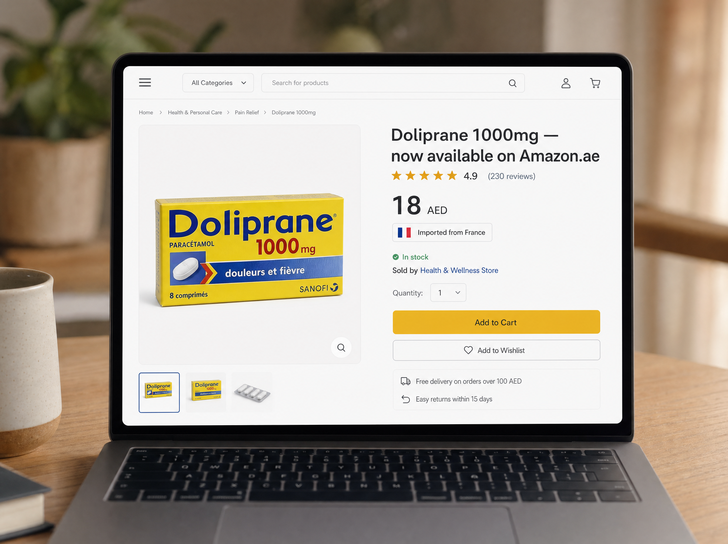 A clean Amazon-style product detail page for Doliprane 1000mg with an imported-from-France badge