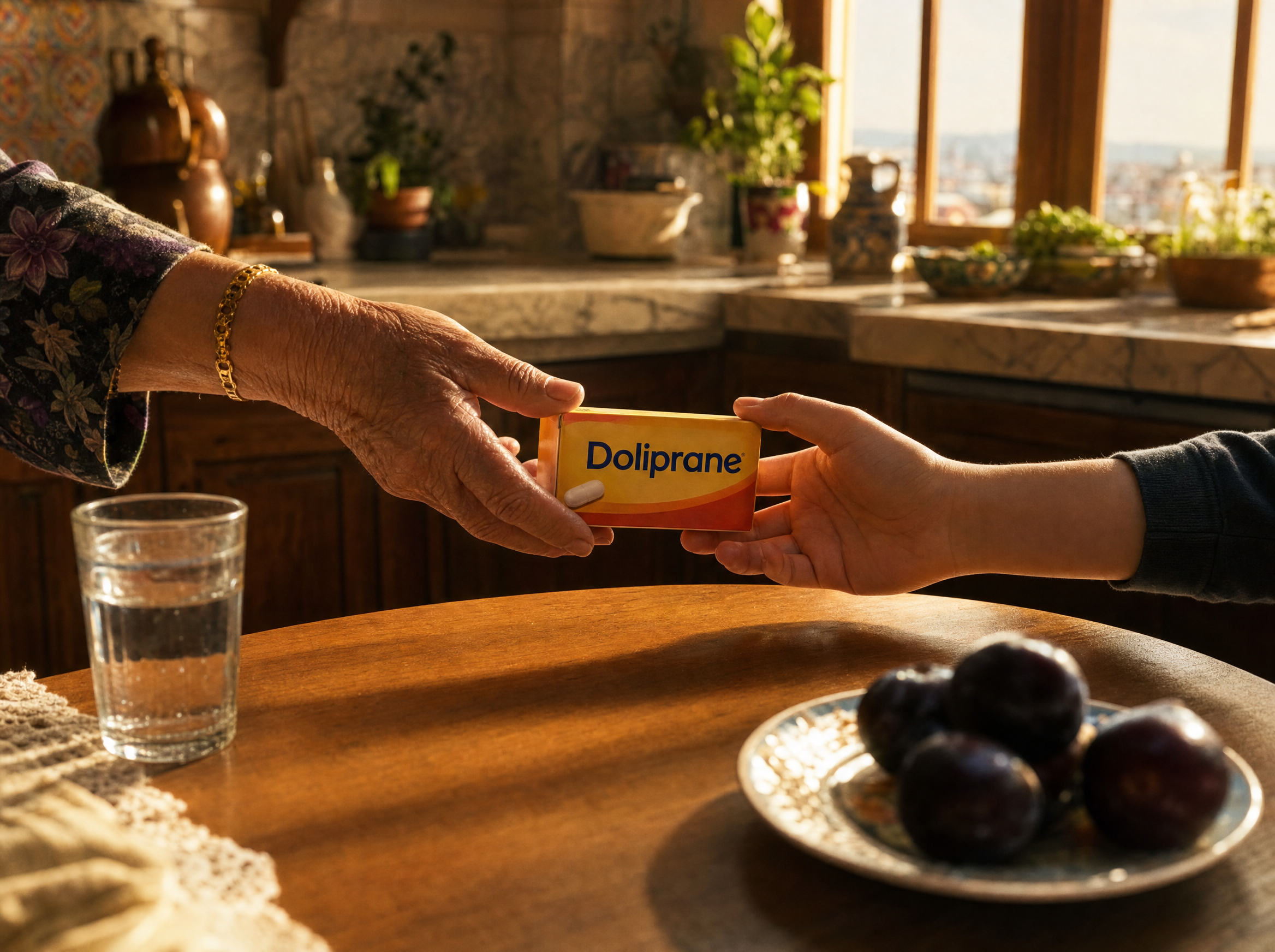 A grandmother's hand passes a Doliprane box to a teenager's hand across a warm kitchen table