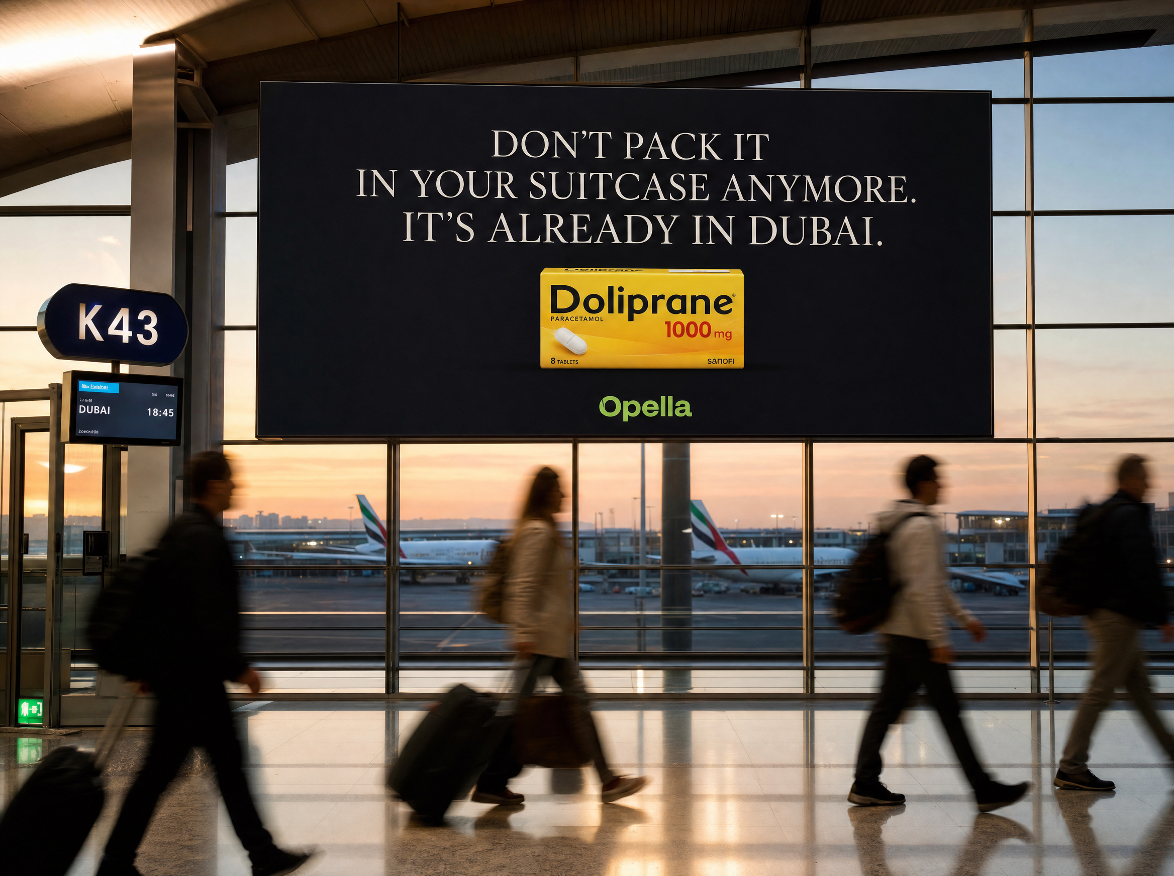 A digital billboard at Paris CDG Terminal 2E reading Don't pack it in your suitcase anymore. It's already in Dubai