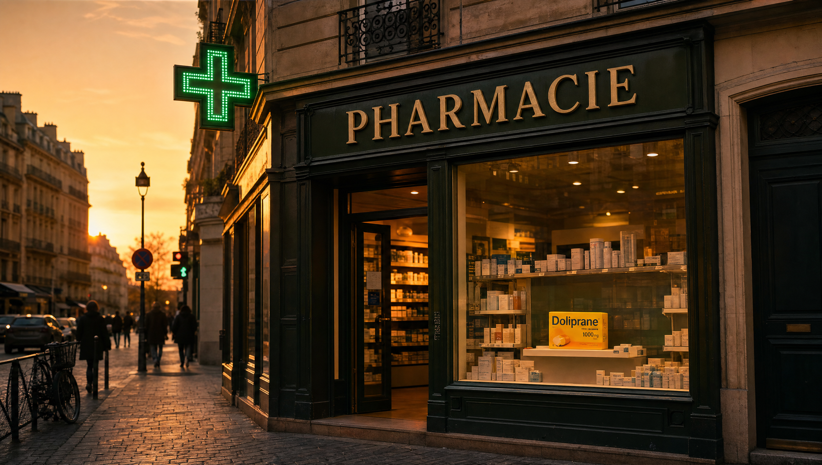A classic Parisian pharmacy at golden-hour dusk with a Doliprane box in the window